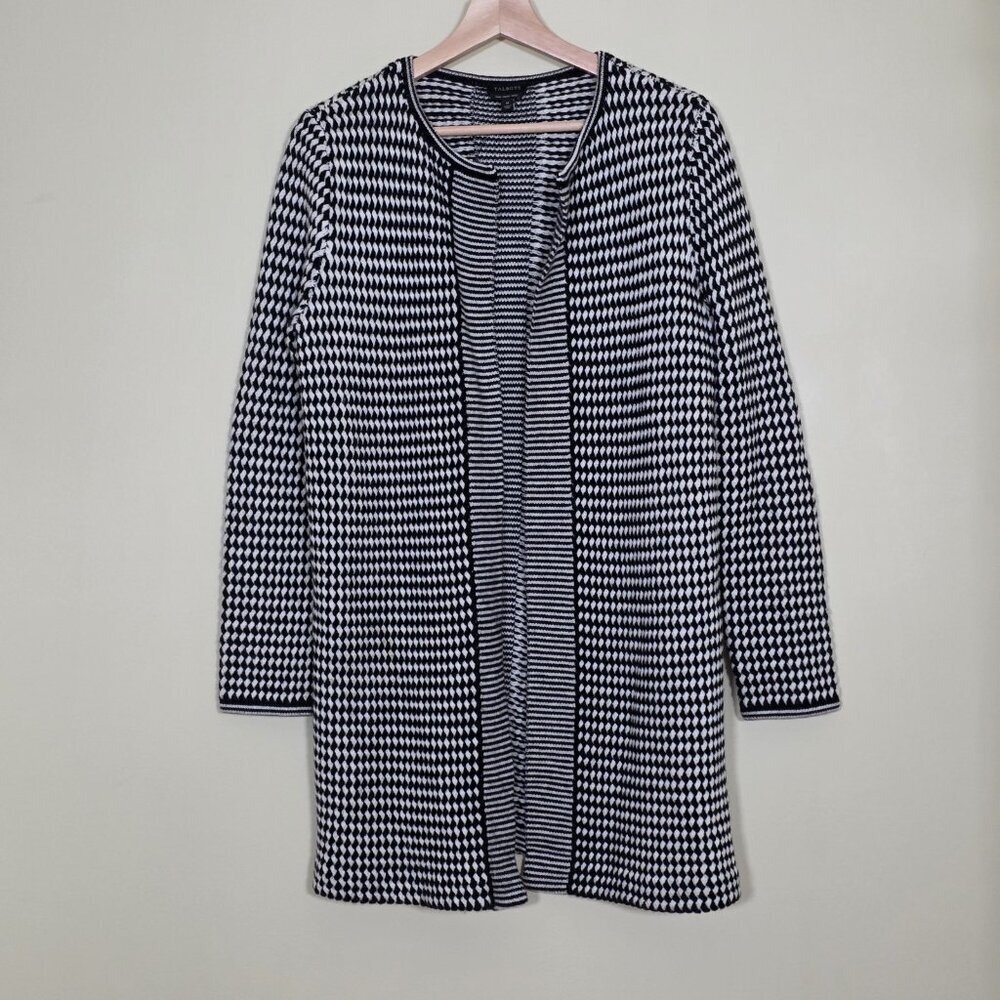 Talbots Cardigan Womens M Black White Geo Pattern LS Merino Wool Open Front Boho